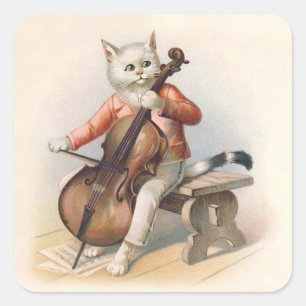 Adesivo Quadrado Gato branco antropomórfico que joga o violoncelo