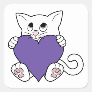 Adesivo Quadrado Gato branco do dia dos namorados com Purple Heart