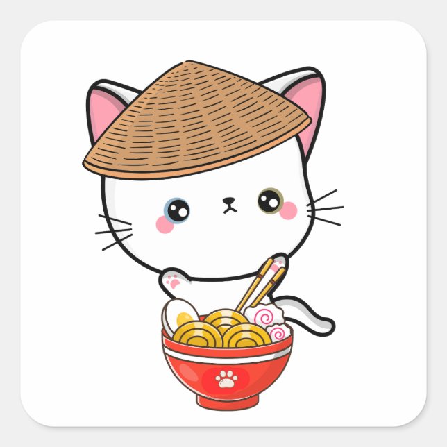 Adesivo Quadrado Gato branco engraçado está comendo macarrão (Frente)