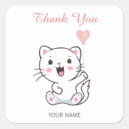 Adesivo Quadrado Gato Branco Feliz e Bonito com Balão de Coração Ob
