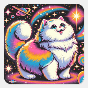 Adesivo Quadrado Gato Branco Fluffy no Espaço