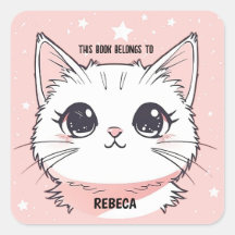 Gato Branco Fofo Estrelas Rosa