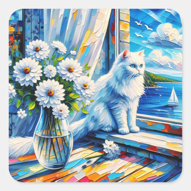Adesivo Quadrado Gato Branco na Janela ainda olhando para o Oceano (Frente)