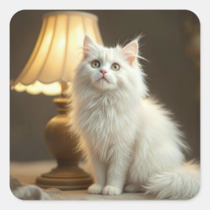 Adesivo Quadrado Gato Branco Sentado No Lamplificador Quente