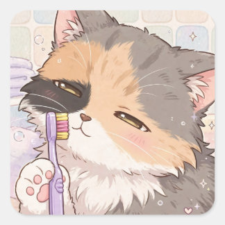 Adesivo Quadrado Gato calico anime com escova de dentes