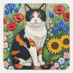 Adesivo Quadrado Gato Calico e Girassóis de Arte Popular