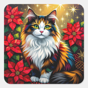 Adesivo Quadrado Gato Calico, Poinsettias Vermelhas e Douradas de N