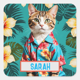 Adesivo Quadrado Gato, camisa havaiana Sticker, gata amante, adesiv