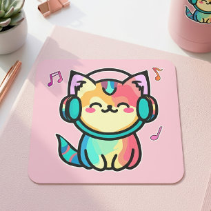 Adesivo Quadrado Gato Cartoon Kawaii Sorridente Feliz com Fones de