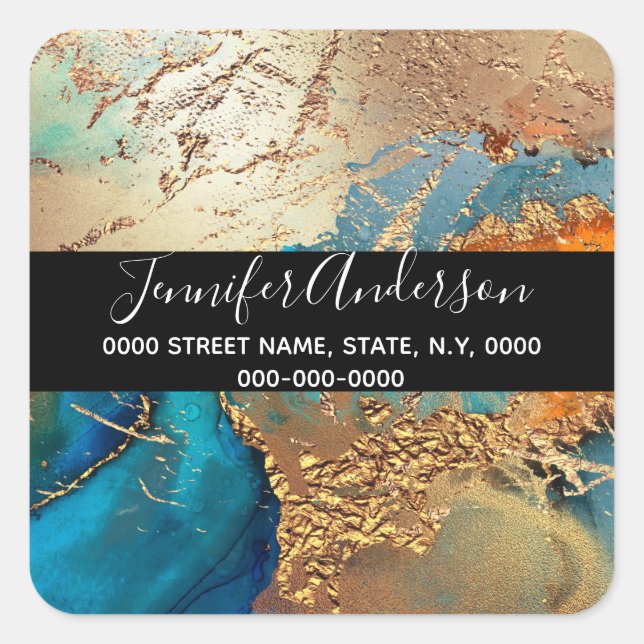 Adesivo Quadrado Gato-chic pavão azul-roxa-do-geode (Frente)