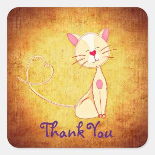 Adesivo Quadrado Gato Colorido Feliz de Creme com Coração Obrigado