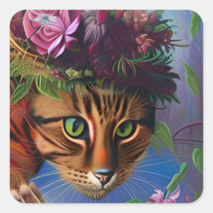 Adesivo Quadrado gato com arte de chapéu de flor