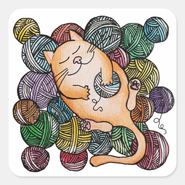 Adesivo Quadrado Gato com Ball of Yarn Fun Cartoon (Frente)