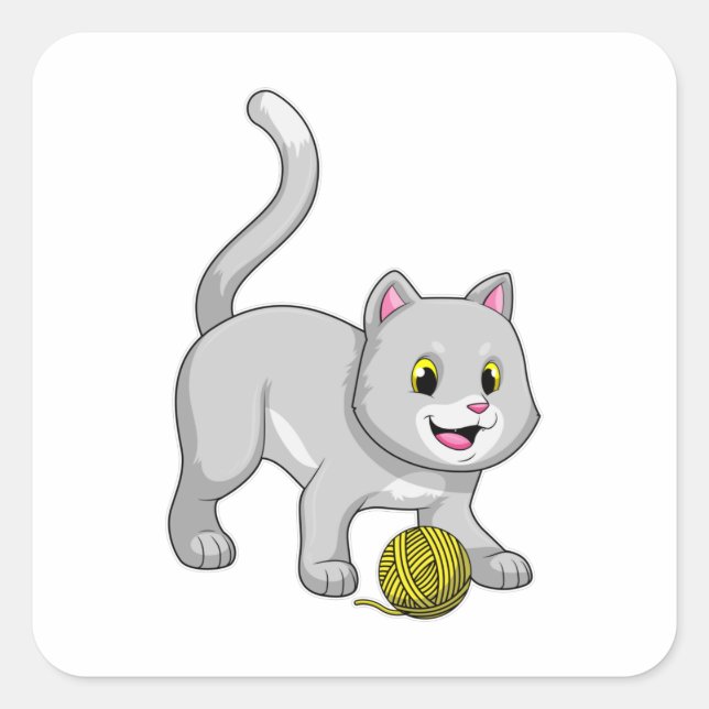Adesivo Quadrado Gato com bola de fio de lã (Frente)