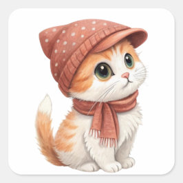 Adesivo Quadrado Gato Com Chapéu E Scarf, Cor Do Pastel