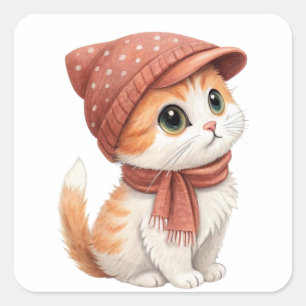 Adesivo Quadrado Gato Com Chapéu E Scarf, Cor Do Pastel