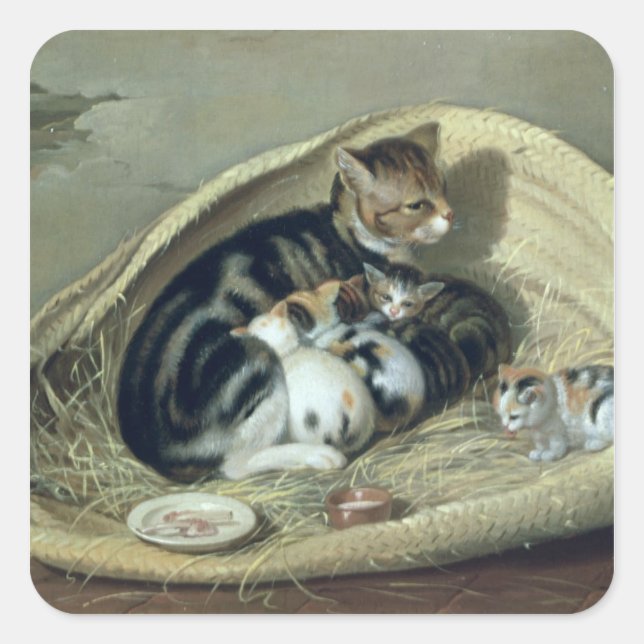 Adesivo Quadrado Gato com seus gatinhos em uma cesta, 1797 (Frente)
