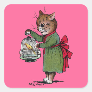 Adesivo Quadrado Gato com uma gaiola de pássaro, Louis Wain