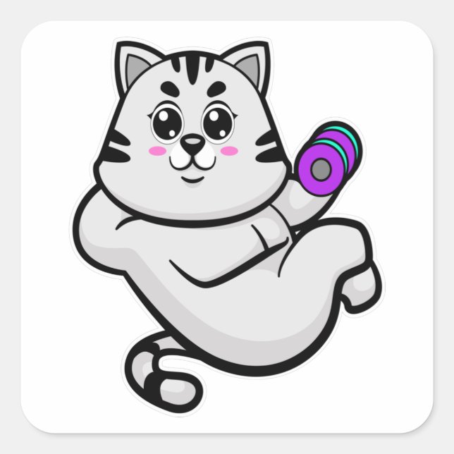 Adesivo Quadrado Gato como Bodybuilder com Dumbbell (Frente)