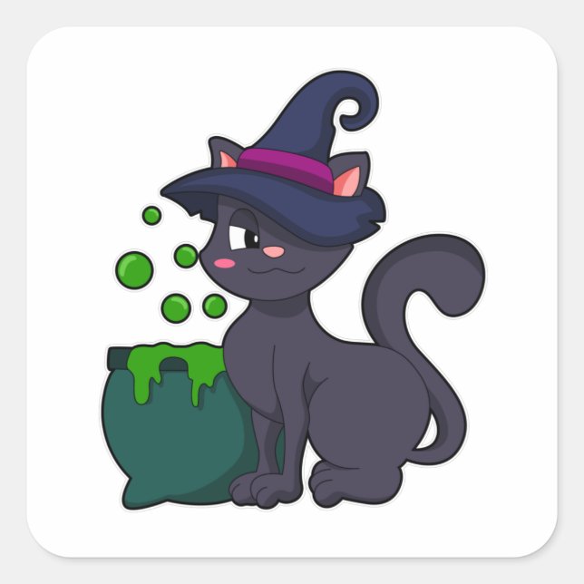 Adesivo Quadrado Gato como bruxa com caldeirão (Frente)