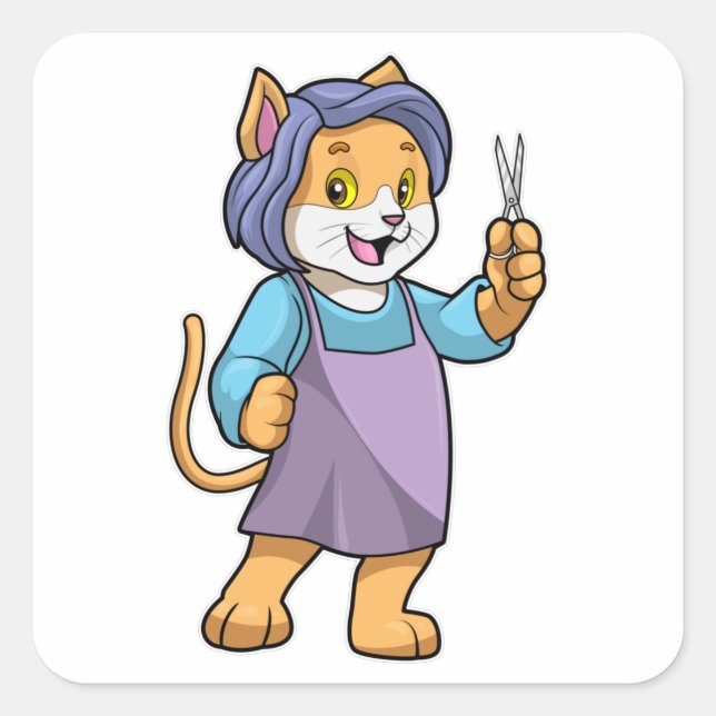 Adesivo Quadrado Gato como cabeleireiro com tesoura (Frente)