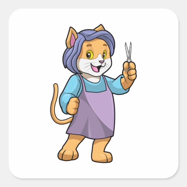 Adesivo Quadrado Gato como cabeleireiro com tesoura (Frente)
