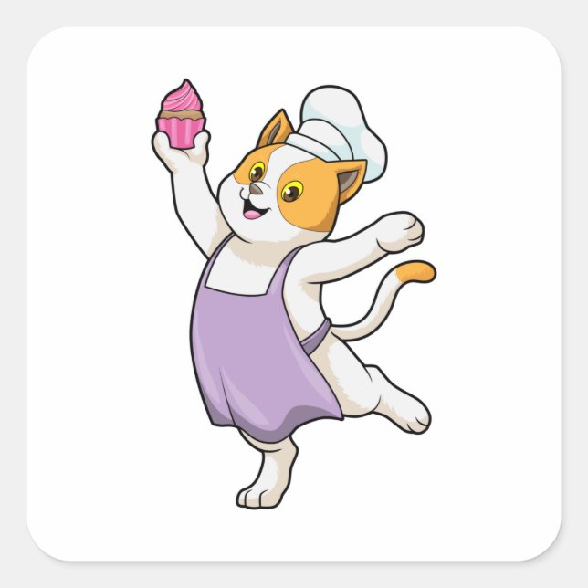 Adesivo Quadrado Gato como cozinheiro com placa de Cozinhar e Muffi (Frente)