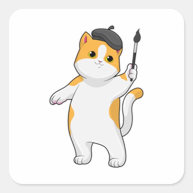 Adesivo Quadrado Gato como Pintor com Pintor (Frente)