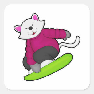 Adesivo Quadrado Gato como Snowboarder com Snowboard