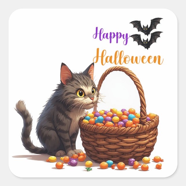 Adesivo Quadrado Gato Curioso de Halloween com Balde de Doces de Ab (Frente)