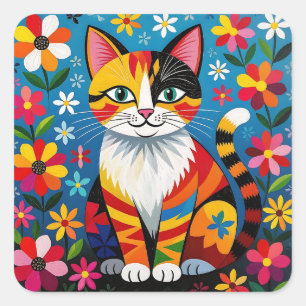 Adesivo Quadrado Gato da Arte Folclórica Boho, Flores & Borboleta  