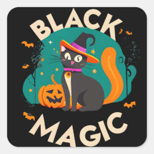 Adesivo Quadrado Gato de bruxa mágico preto, design do tema Hallowe