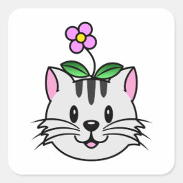 Adesivo Quadrado Gato de Cartoon Bonito com Flor na Cabeça