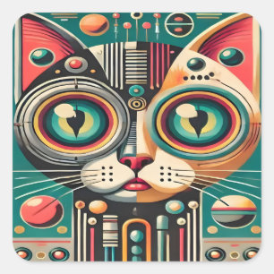 Adesivo Quadrado Gato de Circuito Retro Futurista de Meados do Sécu