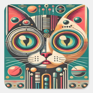 Adesivo Quadrado Gato de Circuito Retro Futurista de Meados do Sécu