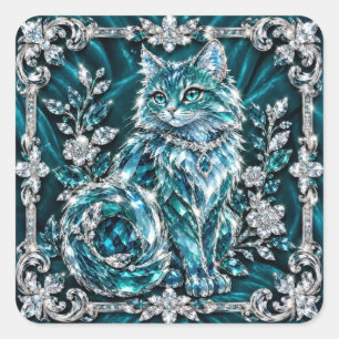 Adesivo Quadrado Gato de Cristal Turquesa Luxuoso Moldura de Prat