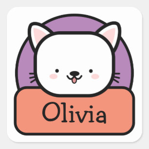 Adesivo Quadrado Gato de desenho animado branco fofo personalizado 