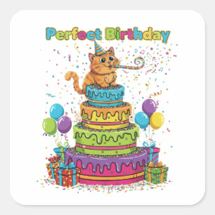 Adesivo Quadrado Gato de Desenho Animado Fofo de Aniversário Perfei