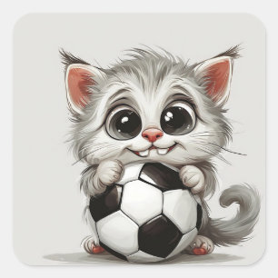 Adesivo Quadrado Gato de Desenho Animado Fofo Segurando Bola de Fut