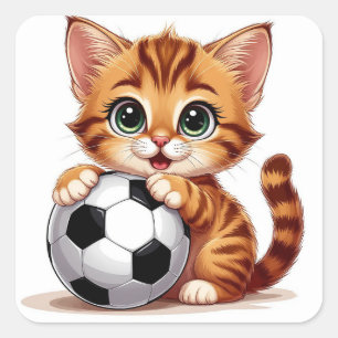 Adesivo Quadrado Gato de Desenho Animado Fofo Segurando Bola de Fut