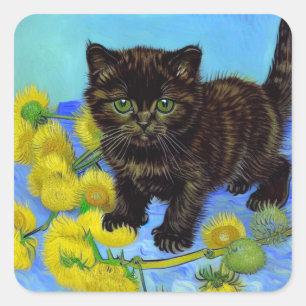 Adesivo Quadrado Gato de estilo Van Gogh com Sunflower