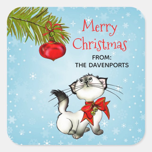 Adesivo Quadrado Gato De Gatinha Brincante Em Um Arco De Natal Verm (Frente)