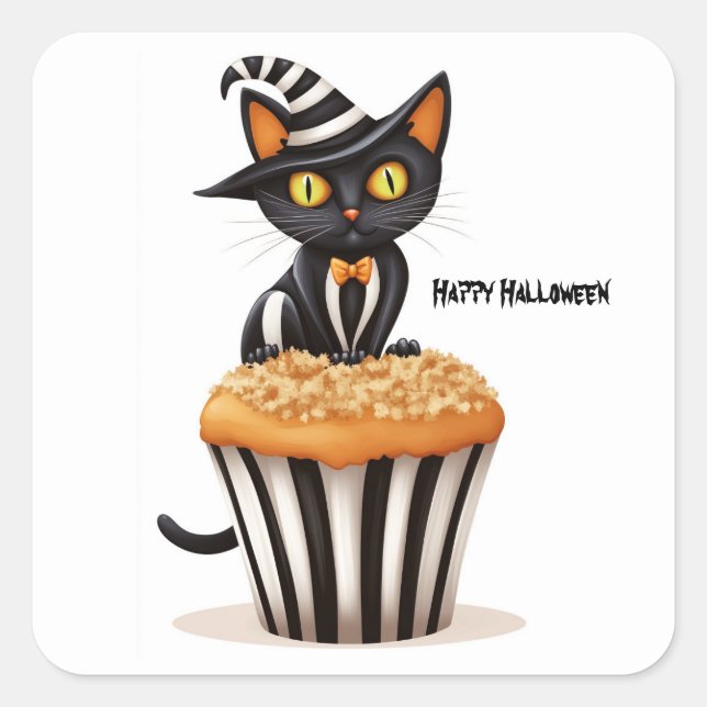 Adesivo Quadrado Gato de Halloween com muffin (Frente)