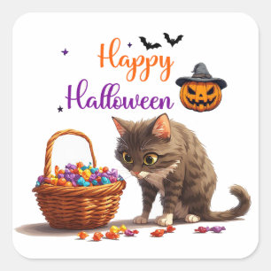 Adesivo Quadrado Gato de Halloween e Surpresa de Doces de Abóbora �