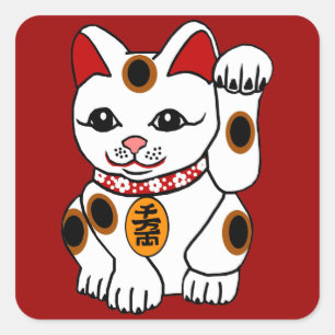 Adesivo Quadrado Gato de Maneki Neko no fundo vermelho
