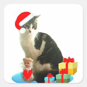 Adesivo Quadrado Gato de mesa de Natal e anjo bonito