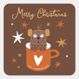 Adesivo Quadrado Gato de Natal bonitinho em Estrelas de Mug Dourado