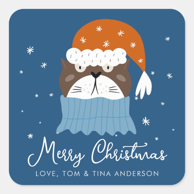 Adesivo Quadrado Gato de Natal bonito em Santa Hat Flocos de Neve A (Frente)