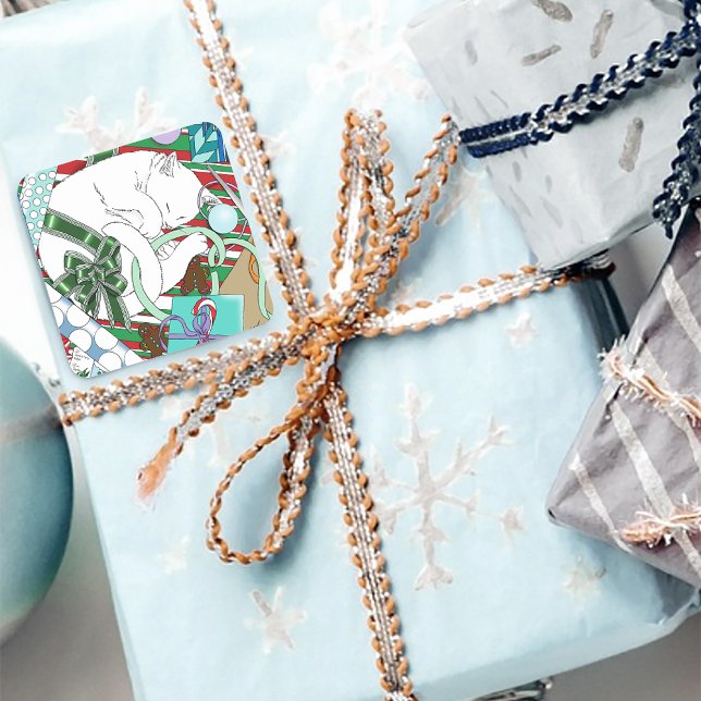 Adesivo Quadrado Gato de Natal Branco (Criador carregado)