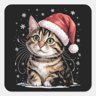 Adesivo Quadrado Gato de Natal com Chapéu de Papai Noel na Neve de